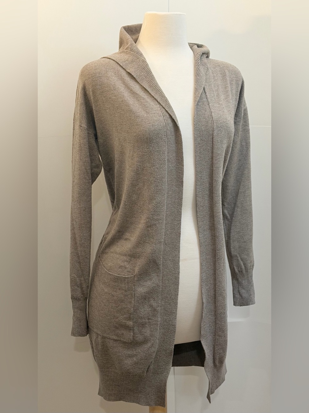 Taupe Brown Hooded Longline Open Front Cardigan Small